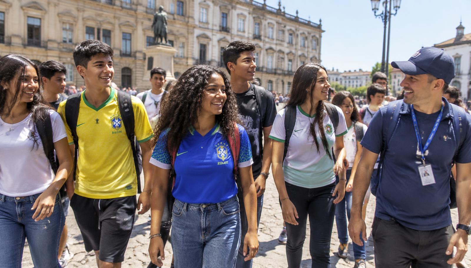 Grupo de adolescentes brasileiros durante intercâmbio de férias acompanhado